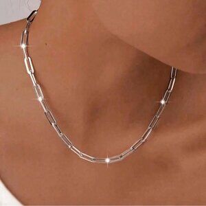 Silver Plated Paper Clip Chain Necklace Trendy Stainless Steel Womens Jewelry